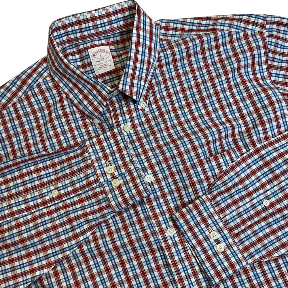 Brooks Brothers Original Polo Shirt Men L Red Blue Plaid Button Down Long Sleeve